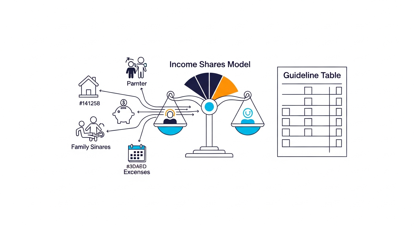 Professional illustration of Minnesota Income Shares Model showing guideline tables and financial calculations