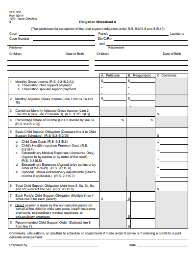 A worksheet for child support payments